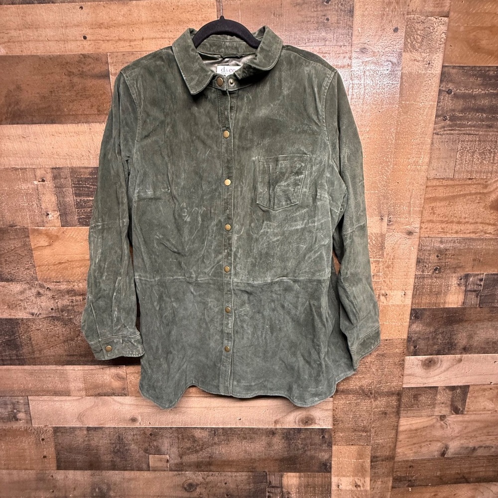 D&Co Denim Company Leather Suede Button Down Shirt Jacket Shacket Olive Green XL